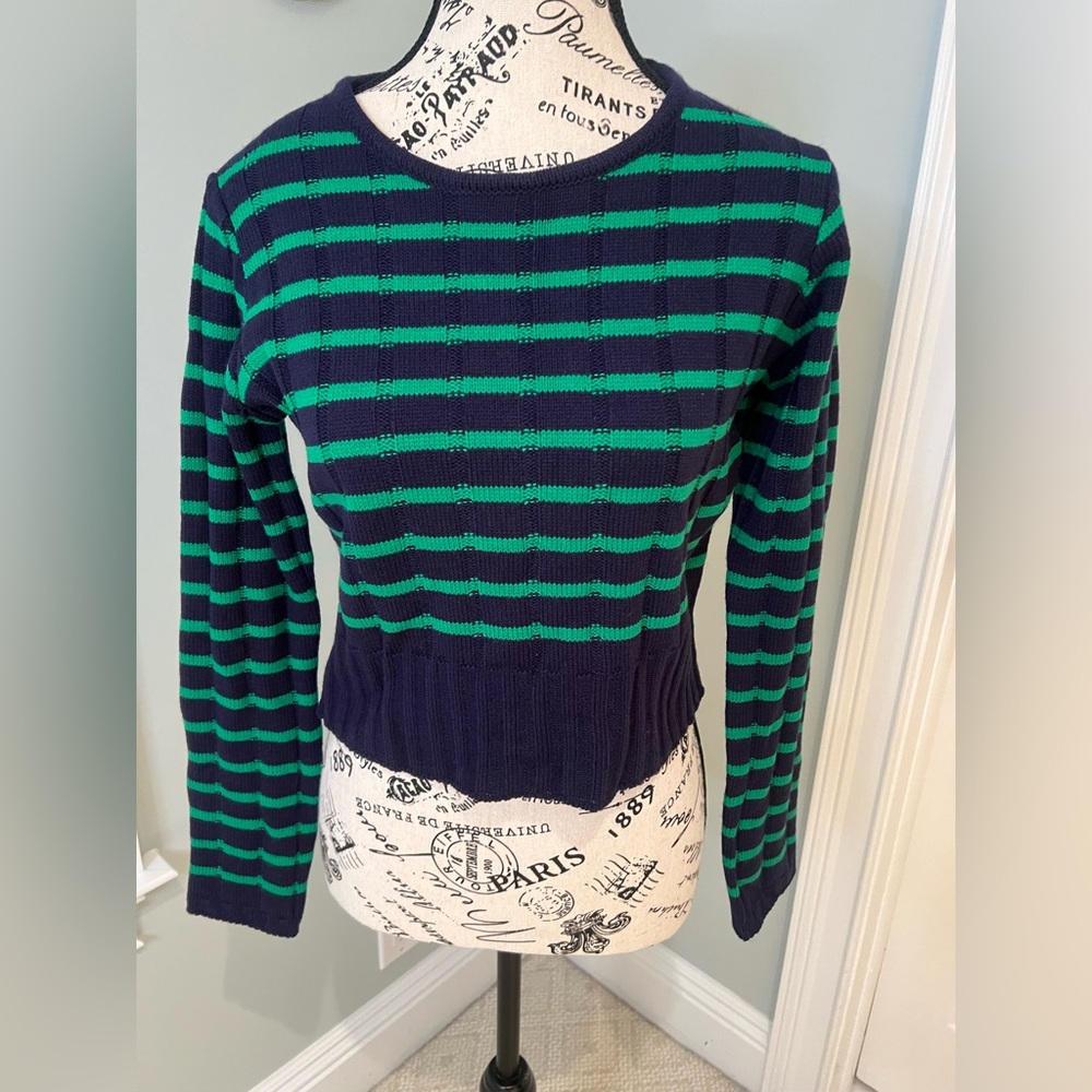 Mymyt Jenny Eyelet | Navy and Green Cable knit Sweater | Cropped | Like New